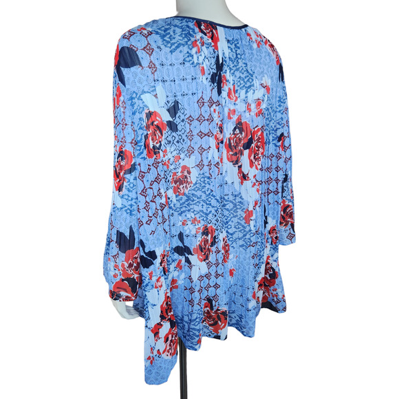 Woman Within‎ Blue Red floral CRINKLE peasant top 18/20 1X Beaded Neckline - Picture 2 of 12